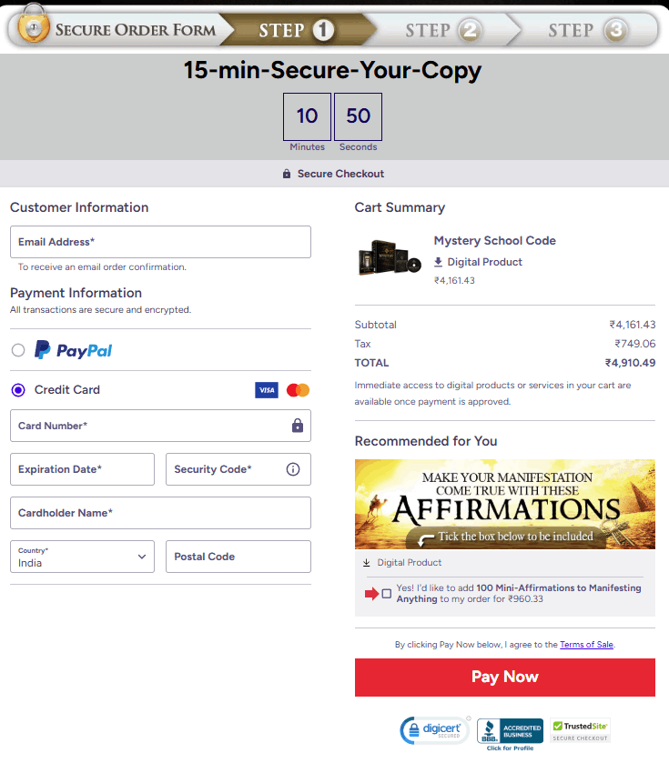 Mystery School Code Order Checkout Page
